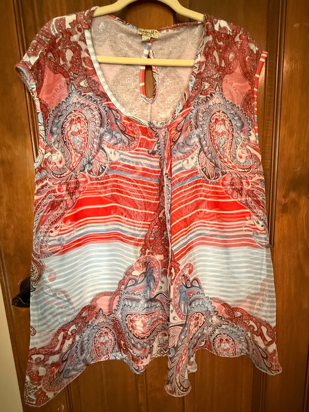 ONE WORLD Red & Light Blue Paisley Stripe Tie-Front Tunic